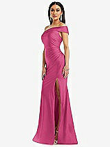 Alt View 2 Thumbnail - Tea Rose One-Shoulder Bias-Cuff Stretch Satin Mermaid Dress with Slight Train