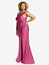 Side View Thumbnail - Tea Rose One-Shoulder Bias-Cuff Stretch Satin Mermaid Dress with Slight Train