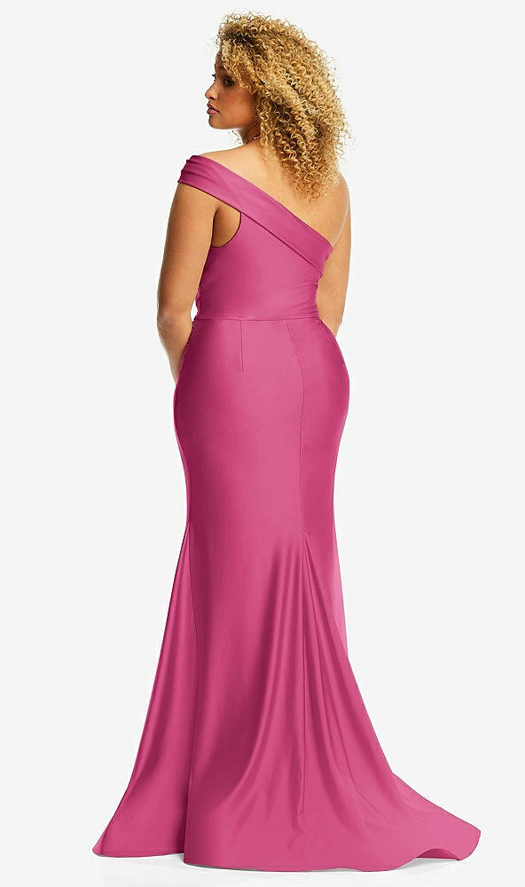 Back View - Tea Rose One-Shoulder Bias-Cuff Stretch Satin Mermaid Dress with Slight Train