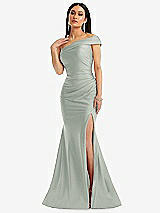 Alt View 1 Thumbnail - Willow Green One-Shoulder Bias-Cuff Stretch Satin Mermaid Dress with Slight Train