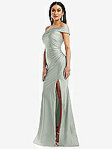 Alt View 2 Thumbnail - Willow Green One-Shoulder Bias-Cuff Stretch Satin Mermaid Dress with Slight Train