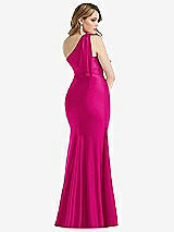 Rear View Thumbnail - Think Pink Cascading Bow One-Shoulder Stretch Satin Mermaid Dress with Slight Train