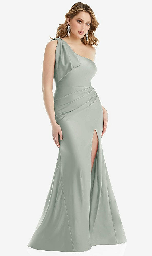 Front View - Willow Green Cascading Bow One-Shoulder Stretch Satin Mermaid Dress with Slight Train