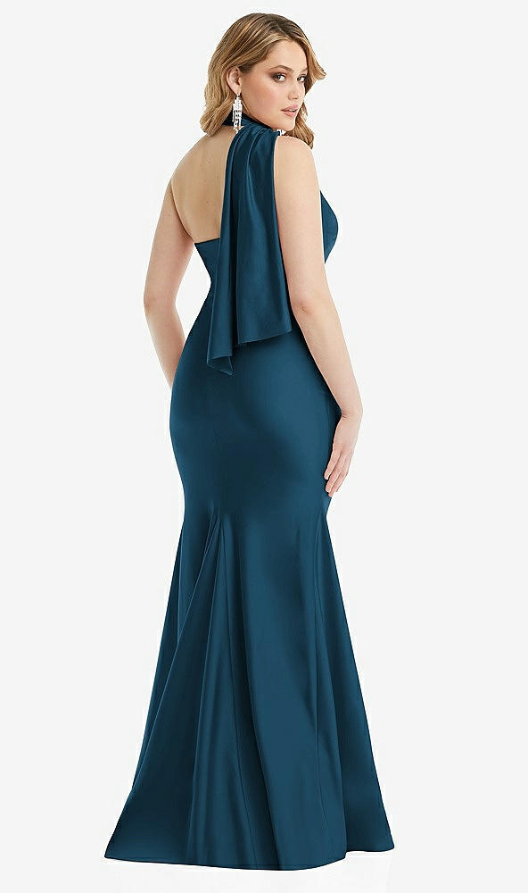 Back View - Atlantic Blue Scarf Neck One-Shoulder Stretch Satin Mermaid Dress with Slight Train