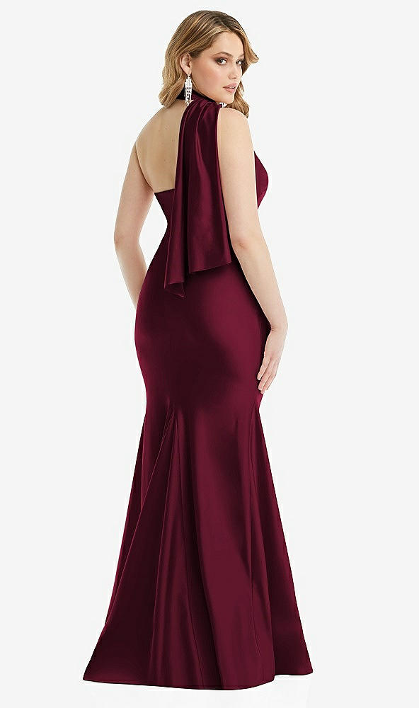 Back View - Cabernet Scarf Neck One-Shoulder Stretch Satin Mermaid Dress with Slight Train