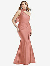 Alt View 1 Thumbnail - Desert Rose Scarf Neck One-Shoulder Stretch Satin Mermaid Dress with Slight Train