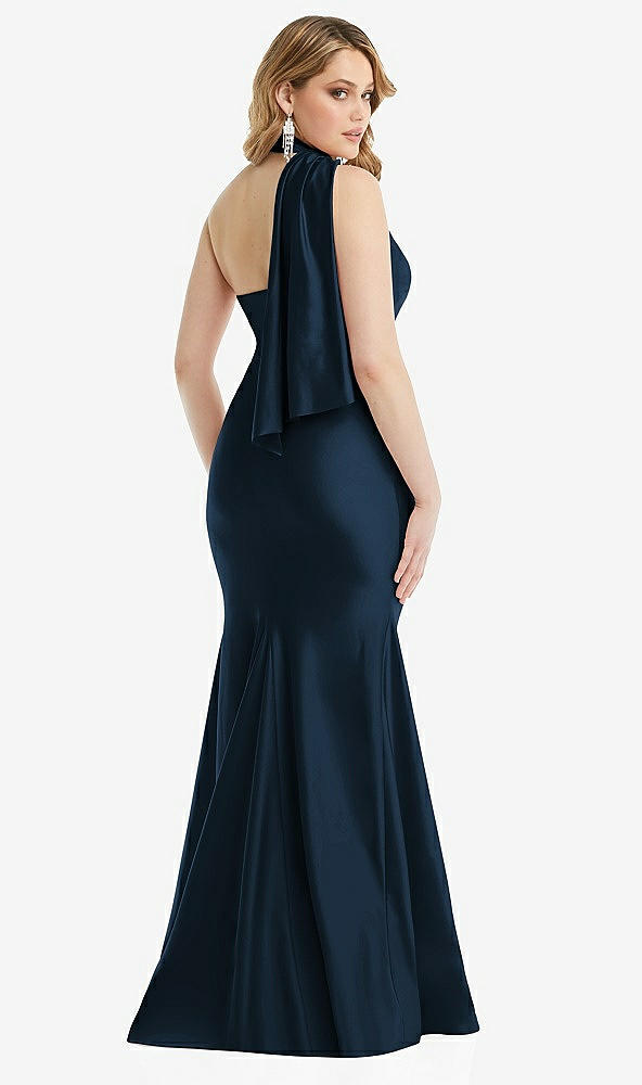 Back View - Midnight Navy Scarf Neck One-Shoulder Stretch Satin Mermaid Dress with Slight Train