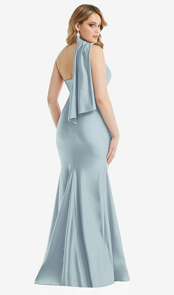 Back View - Mist Scarf Neck One-Shoulder Stretch Satin Mermaid Dress with Slight Train