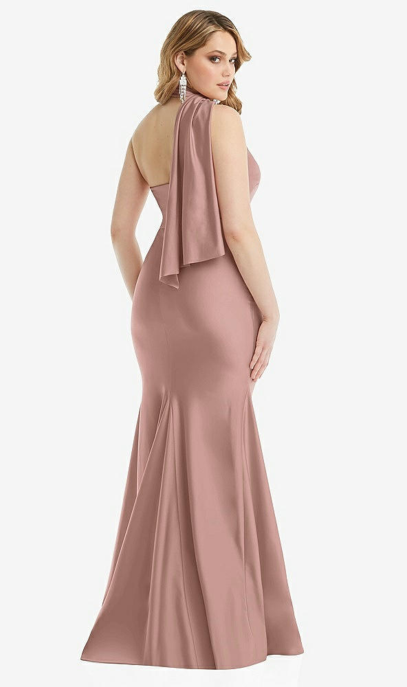 Back View - Neu Nude Scarf Neck One-Shoulder Stretch Satin Mermaid Dress with Slight Train