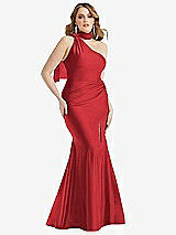 Alt View 1 Thumbnail - Poppy Red Scarf Neck One-Shoulder Stretch Satin Mermaid Dress with Slight Train