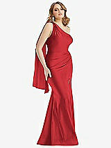 Front View Thumbnail - Poppy Red Scarf Neck One-Shoulder Stretch Satin Mermaid Dress with Slight Train