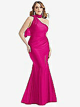 Alt View 1 Thumbnail - Think Pink Scarf Neck One-Shoulder Stretch Satin Mermaid Dress with Slight Train