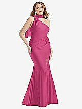 Alt View 1 Thumbnail - Tea Rose Scarf Neck One-Shoulder Stretch Satin Mermaid Dress with Slight Train