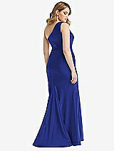 Rear View Thumbnail - Cobalt Blue One-Shoulder Bustier Stretch Satin Mermaid Dress with Cascade Ruffle