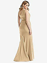 Rear View Thumbnail - Soft Gold One-Shoulder Bustier Stretch Satin Mermaid Dress with Cascade Ruffle