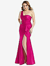 Front View Thumbnail - Think Pink One-Shoulder Bustier Stretch Satin Mermaid Dress with Cascade Ruffle