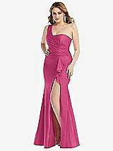 Front View Thumbnail - Tea Rose One-Shoulder Bustier Stretch Satin Mermaid Dress with Cascade Ruffle