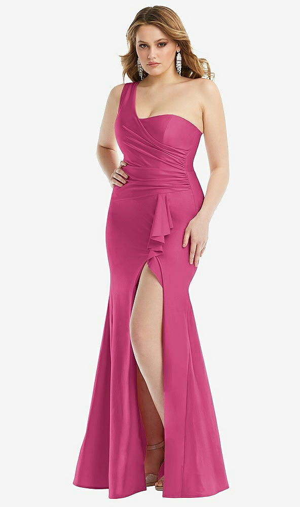 Front View - Tea Rose One-Shoulder Bustier Stretch Satin Mermaid Dress with Cascade Ruffle