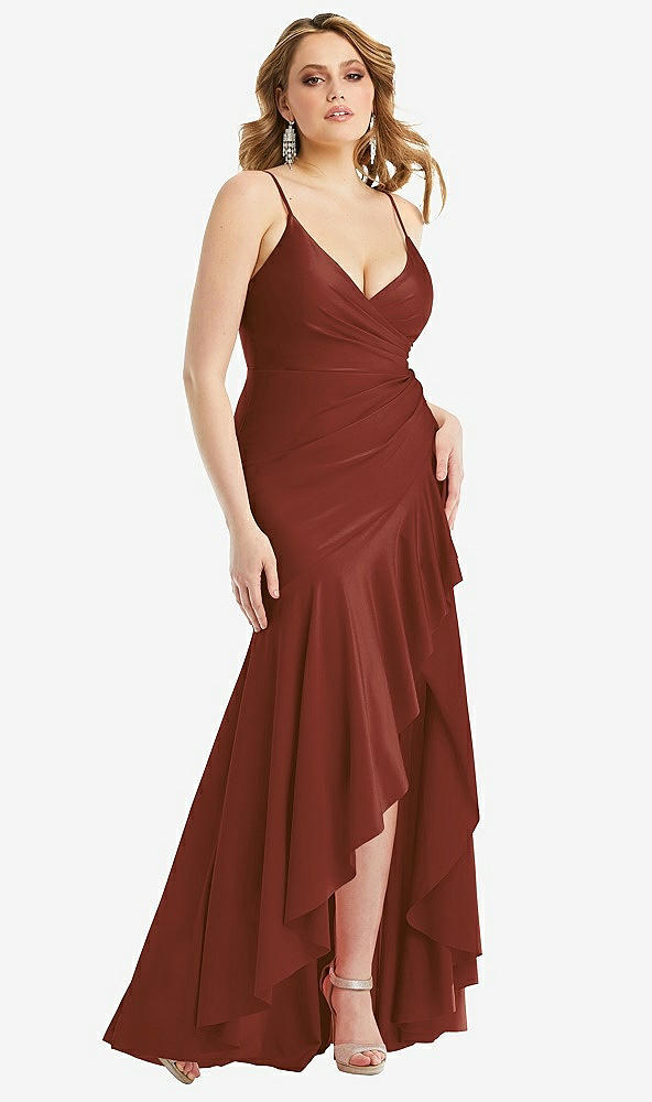 Front View - Auburn Moon Pleated Wrap Ruffled High Low Stretch Satin Gown with Slight Train