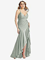 Front View Thumbnail - Willow Green Pleated Wrap Ruffled High Low Stretch Satin Gown with Slight Train