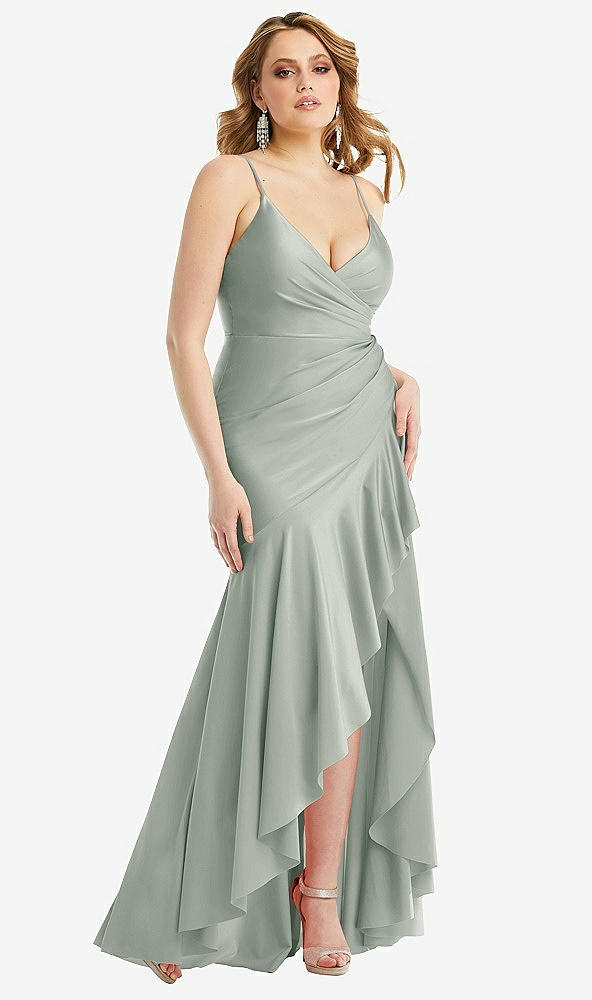 Front View - Willow Green Pleated Wrap Ruffled High Low Stretch Satin Gown with Slight Train