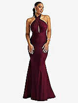 Front View Thumbnail - Cabernet Criss Cross Halter Open-Back Stretch Satin Mermaid Dress