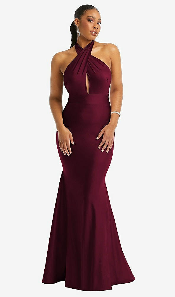 Front View - Cabernet Criss Cross Halter Open-Back Stretch Satin Mermaid Dress