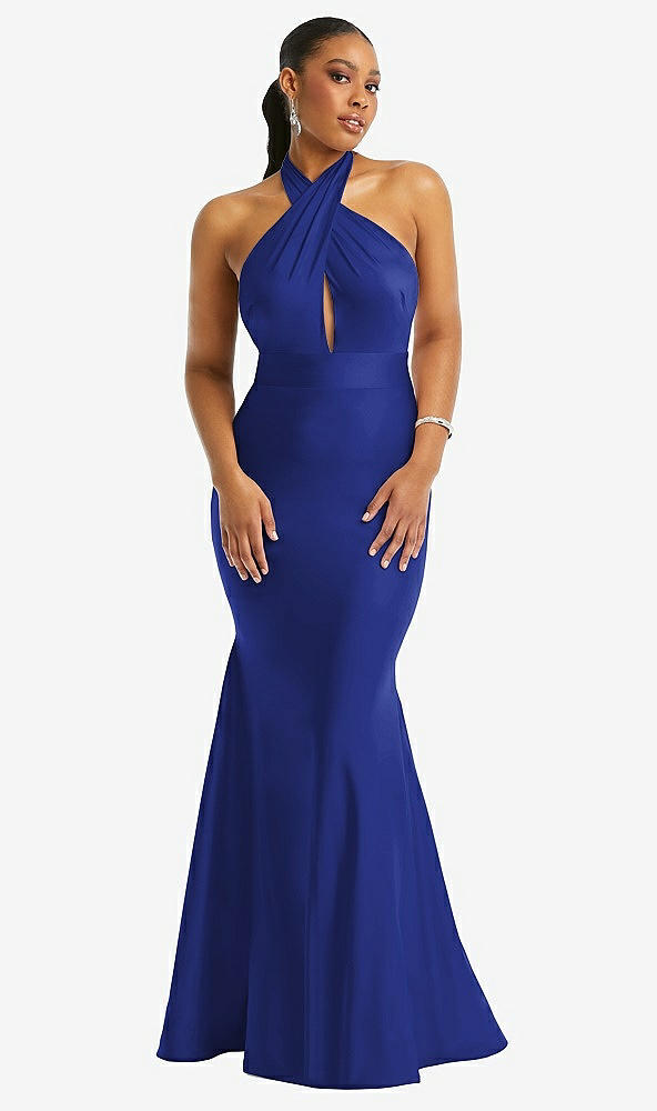 Front View - Cobalt Blue Criss Cross Halter Open-Back Stretch Satin Mermaid Dress