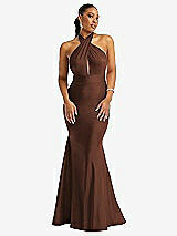 Front View Thumbnail - Cognac Criss Cross Halter Open-Back Stretch Satin Mermaid Dress