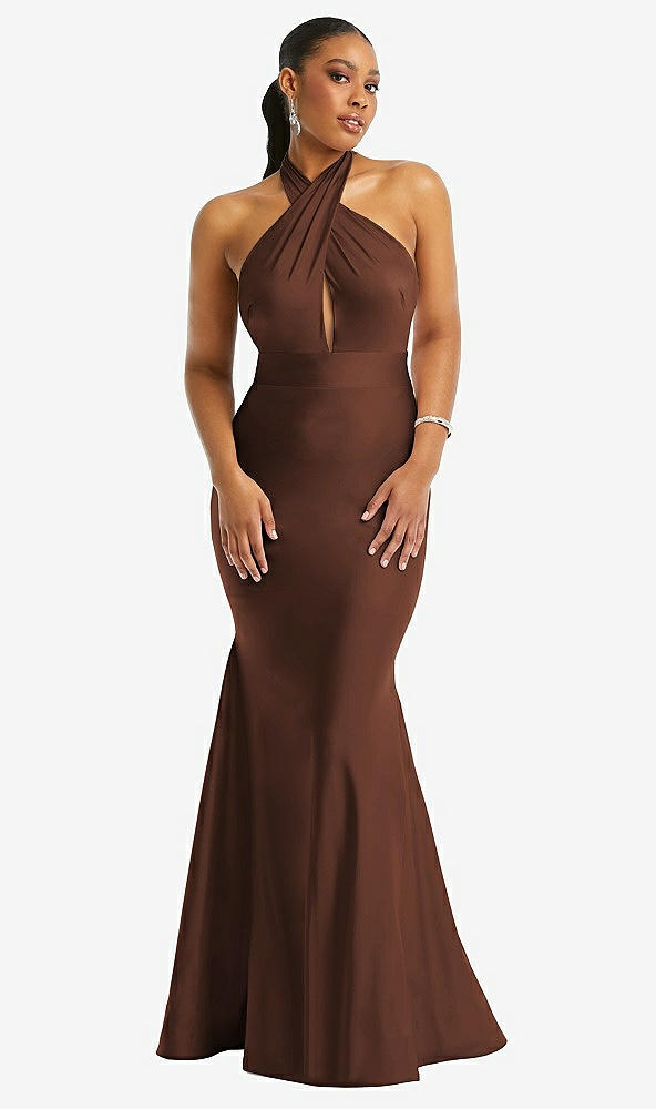 Front View - Cognac Criss Cross Halter Open-Back Stretch Satin Mermaid Dress