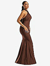 Side View Thumbnail - Cognac Criss Cross Halter Open-Back Stretch Satin Mermaid Dress