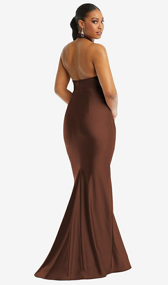 Back View - Cognac Criss Cross Halter Open-Back Stretch Satin Mermaid Dress