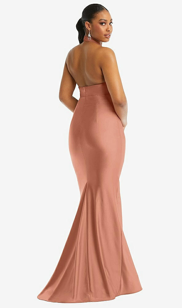 Back View - Copper Penny Criss Cross Halter Open-Back Stretch Satin Mermaid Dress