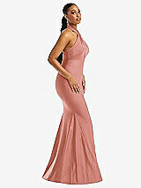 Side View Thumbnail - Desert Rose Criss Cross Halter Open-Back Stretch Satin Mermaid Dress