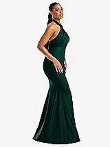 Side View Thumbnail - Evergreen Criss Cross Halter Open-Back Stretch Satin Mermaid Dress