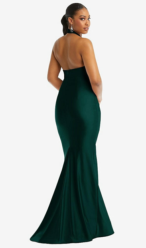 Back View - Evergreen Criss Cross Halter Open-Back Stretch Satin Mermaid Dress