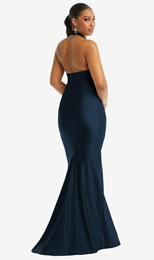 Back View - Midnight Navy Criss Cross Halter Open-Back Stretch Satin Mermaid Dress