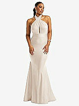 Front View Thumbnail - Oat Criss Cross Halter Open-Back Stretch Satin Mermaid Dress