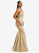 Side View Thumbnail - Soft Gold Criss Cross Halter Open-Back Stretch Satin Mermaid Dress