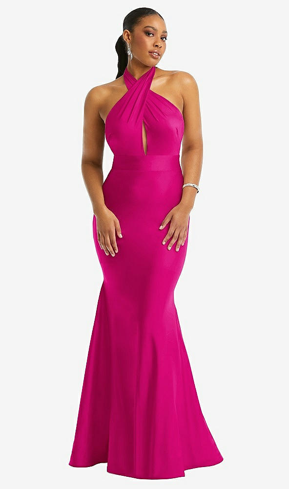 Front View - Think Pink Criss Cross Halter Open-Back Stretch Satin Mermaid Dress