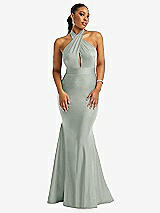 Front View Thumbnail - Willow Green Criss Cross Halter Open-Back Stretch Satin Mermaid Dress