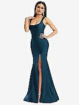 Alt View 2 Thumbnail - Atlantic Blue Square Neck Stretch Satin Mermaid Dress with Slight Train