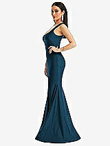 Side View Thumbnail - Atlantic Blue Square Neck Stretch Satin Mermaid Dress with Slight Train