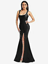 Alt View 1 Thumbnail - Black Square Neck Stretch Satin Mermaid Dress with Slight Train