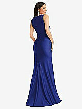 Rear View Thumbnail - Cobalt Blue Square Neck Stretch Satin Mermaid Dress with Slight Train