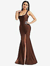 Alt View 2 Thumbnail - Cognac Square Neck Stretch Satin Mermaid Dress with Slight Train