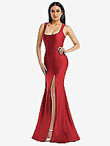 Alt View 1 Thumbnail - Poppy Red Square Neck Stretch Satin Mermaid Dress with Slight Train