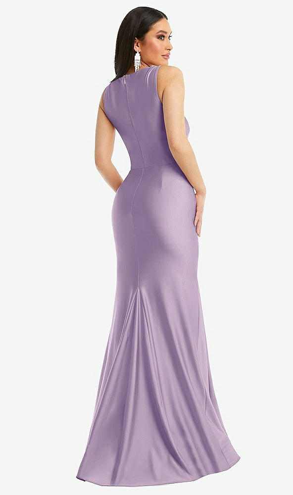 Back View - Pale Purple Square Neck Stretch Satin Mermaid Dress with Slight Train