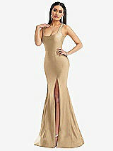 Alt View 2 Thumbnail - Soft Gold Square Neck Stretch Satin Mermaid Dress with Slight Train