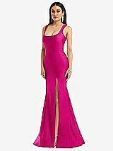 Front View Thumbnail - Think Pink Square Neck Stretch Satin Mermaid Dress with Slight Train